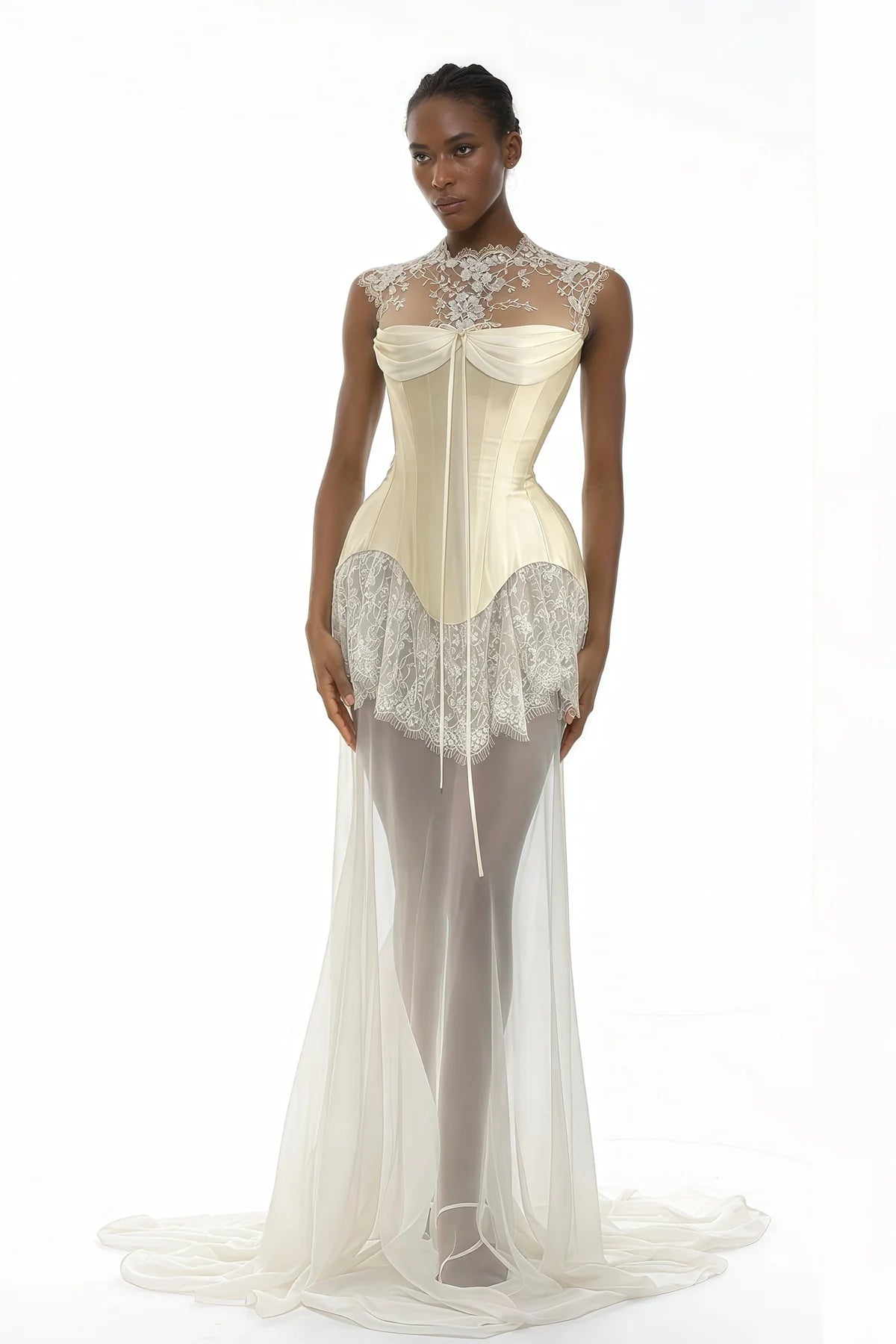 White Lace Convertible Gown with Detachable Skirt