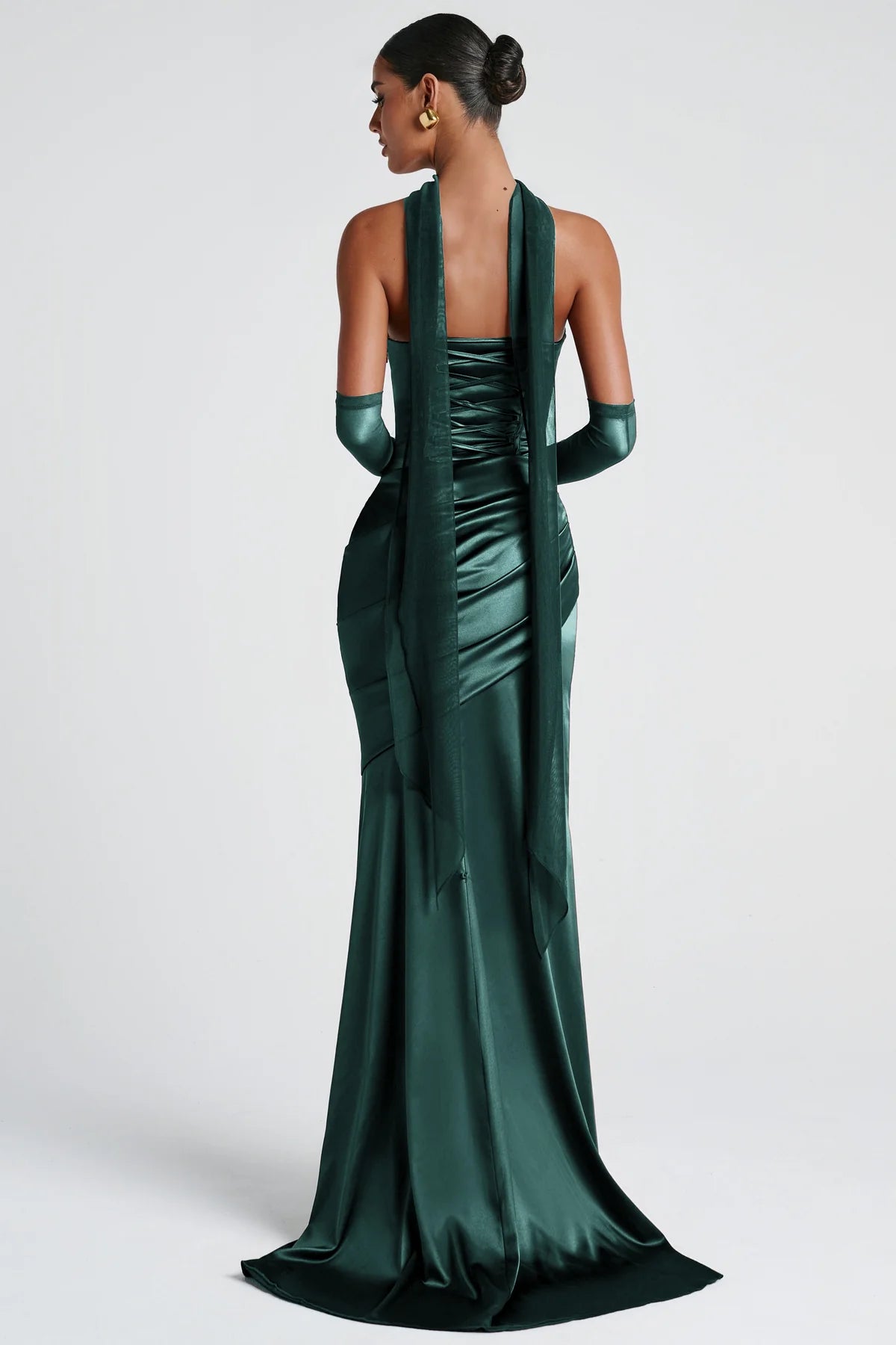 Green Ruched Satin Maxi Dress