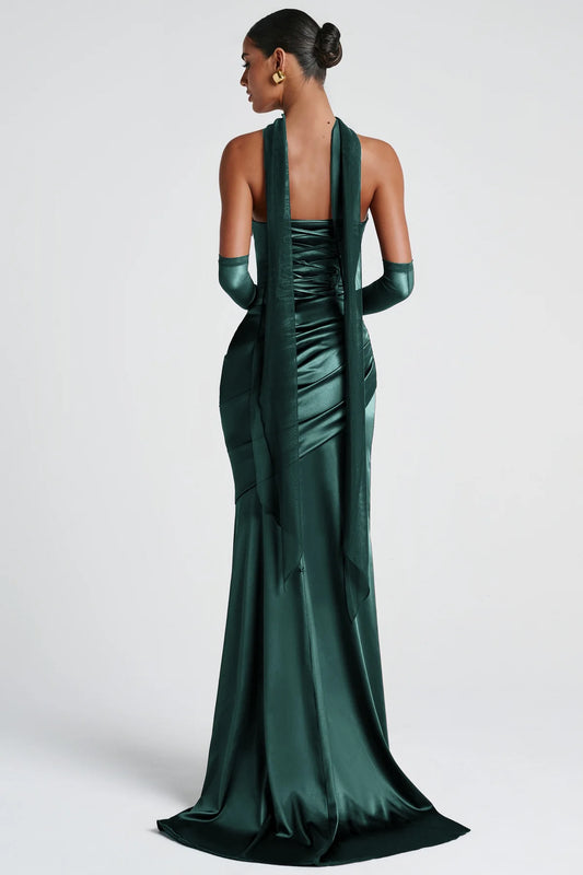 Green Ruched Satin Maxi Dress