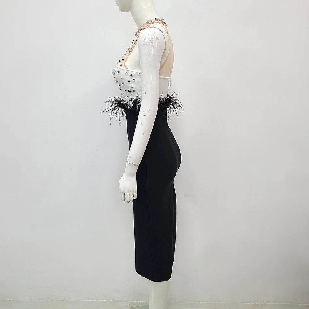 Patchwork Sexy Sleeveless Luxury Diamond Feather Tight Midi dress - REBECATHELABEL