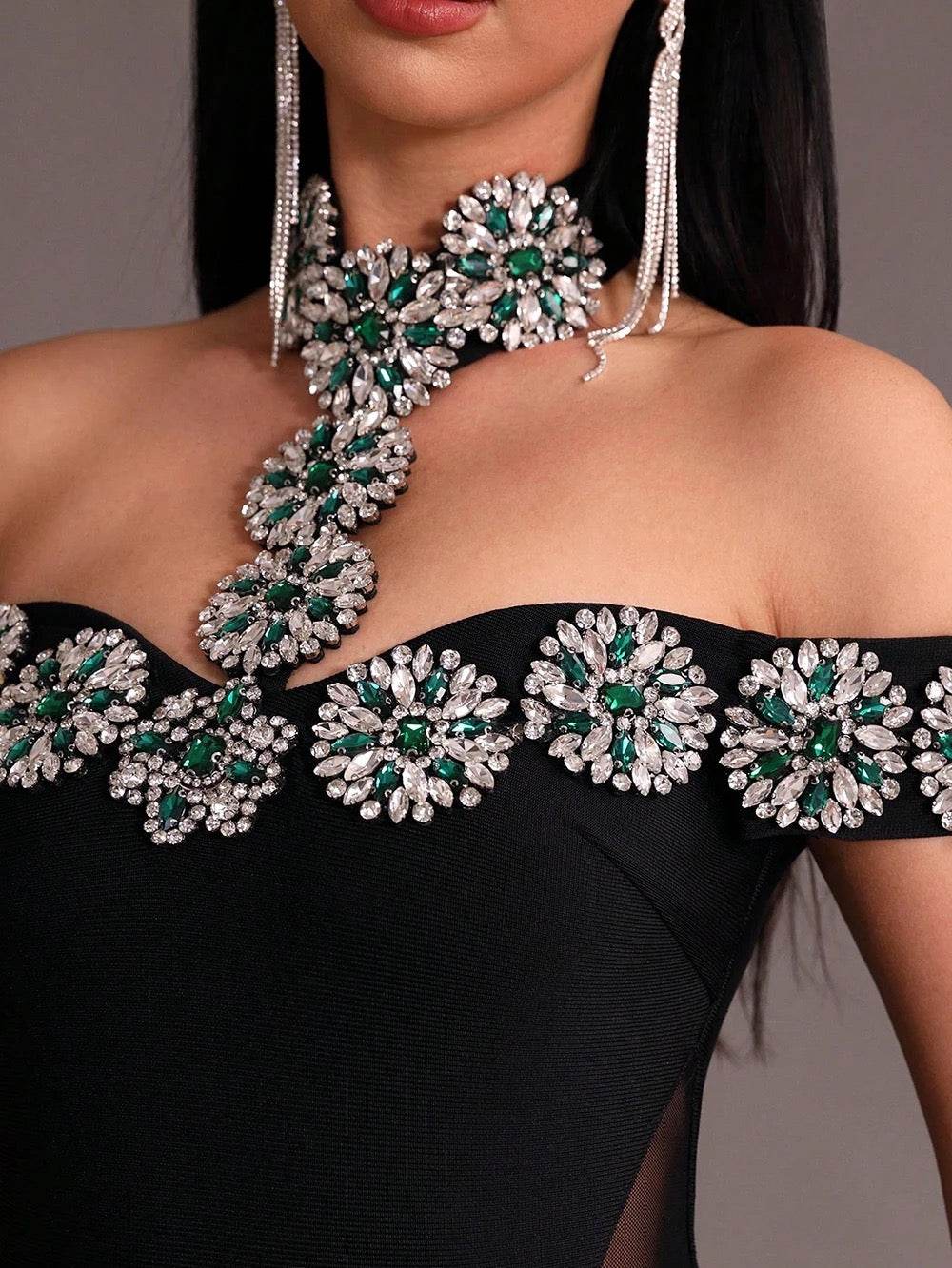 Off Shoulder Luxury Diamond Tight Long Bandage Dress - REBECATHELABEL