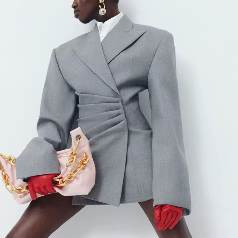 Hidden Button Grey Temperament Versatile Pleated Waist Cinched blazer