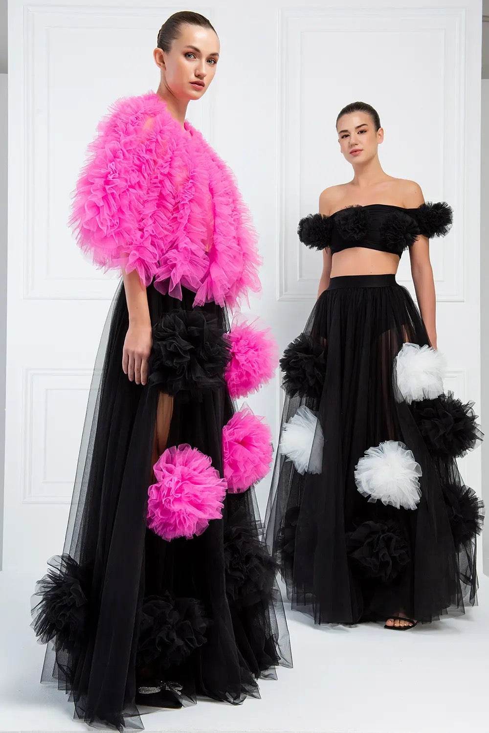 Black Tassel Mesh 3D Flower Sexy Hundred Fold Long Skirt - REBECATHELABEL