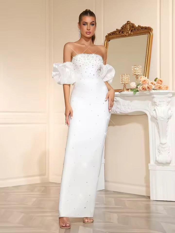 Strapless Diamond Maxi Long Bodycon Bandage Dress With Bubble Sleeves