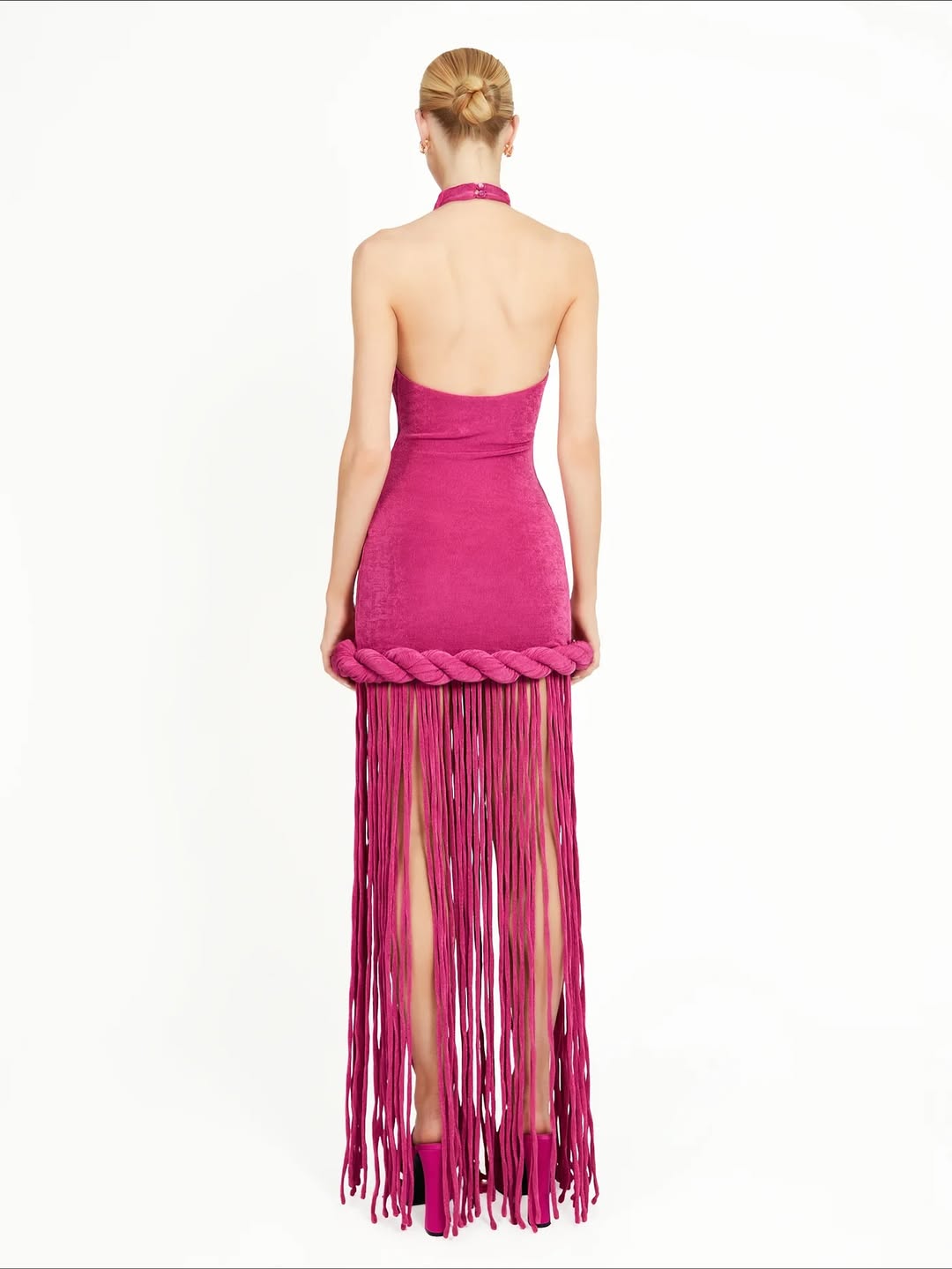 Open Collar Applique Twisted Tassel Long Dress