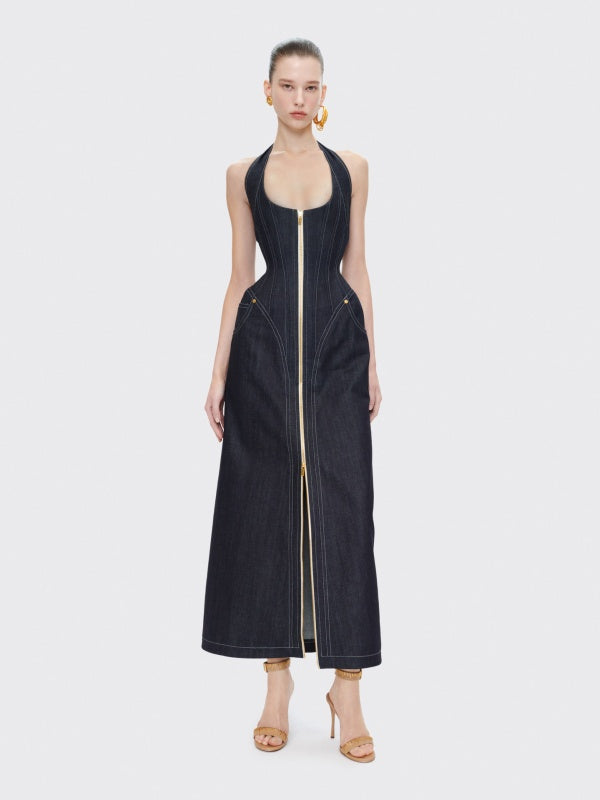 Backless Halter Blue Zipper Denim Maxi Long Gowns Dress