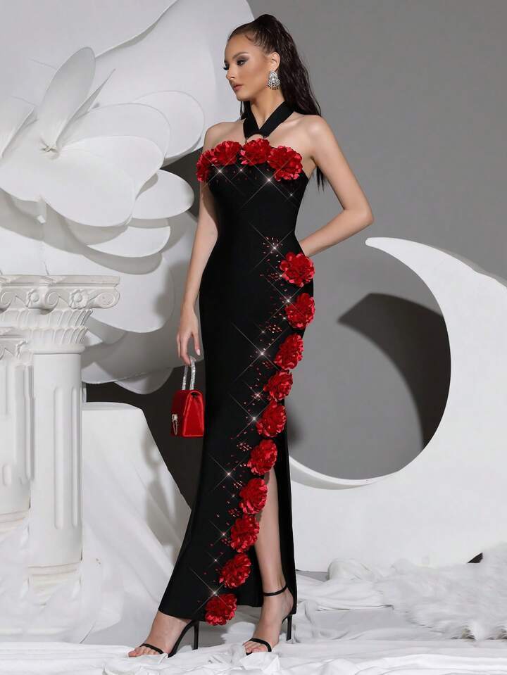 Halter Shinning Crystal Florals Bodycon Long Bandage Dress