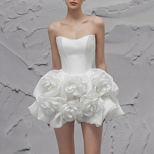 White Sexy Strapless 3D Flower Tight Mini Dress - REBECATHELABEL