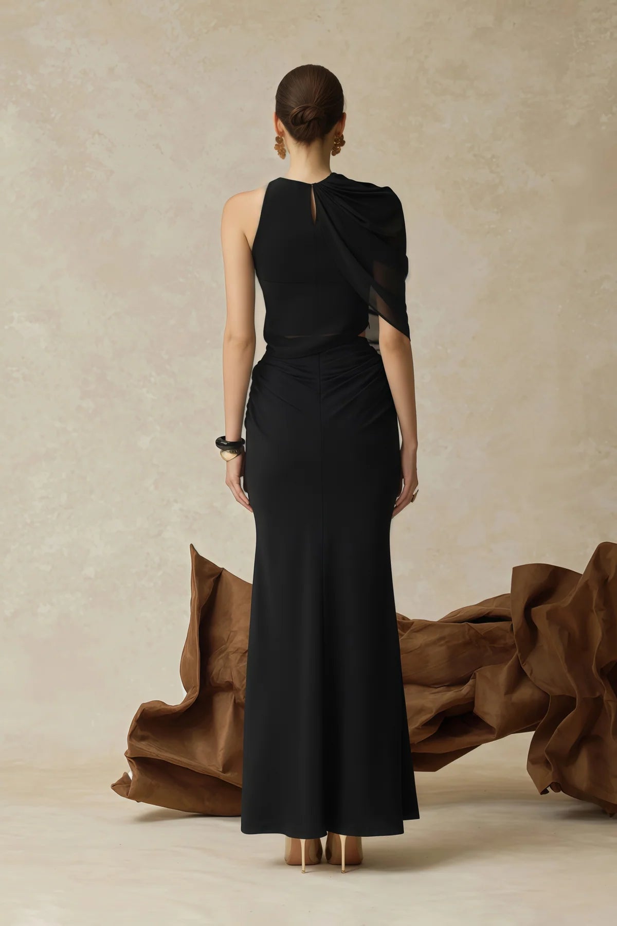 Black Asymmetrical Ruched Top & Skirt Set