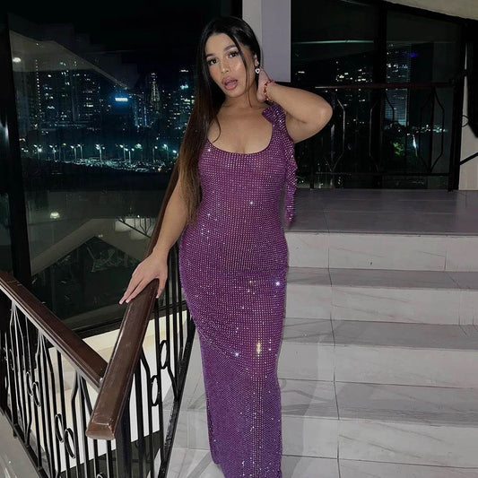 V-neck Backless Shining Diamond Tight Long Dress - REBECATHELABEL