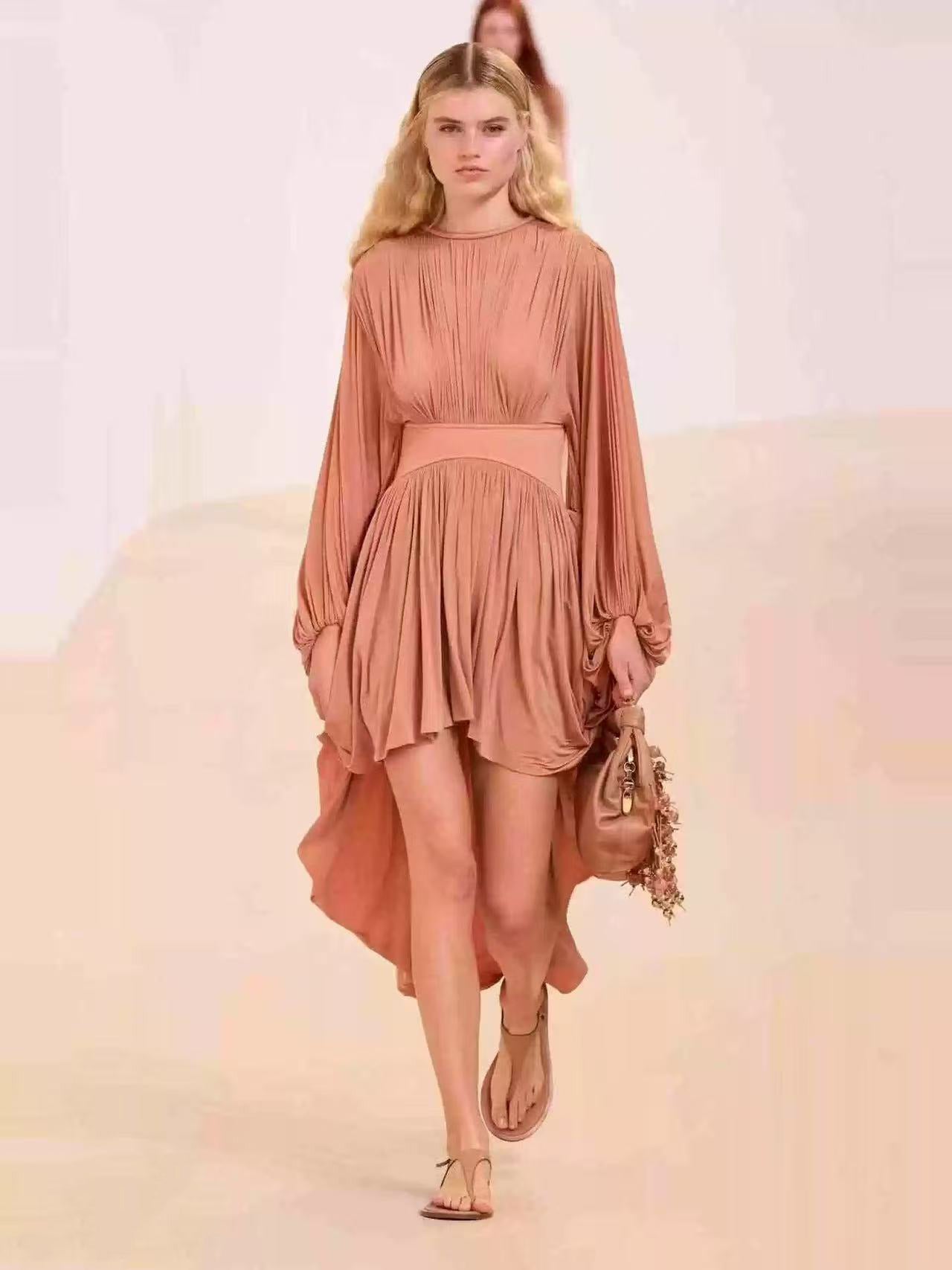 Brick-red Bat Long Sleeved Dress