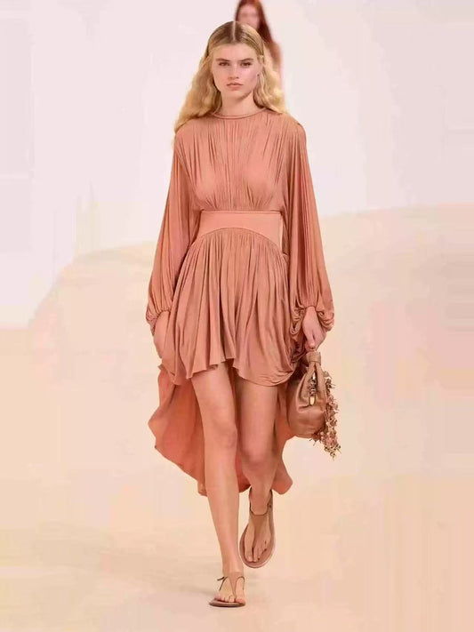 Brick-red Bat Long Sleeved Dress