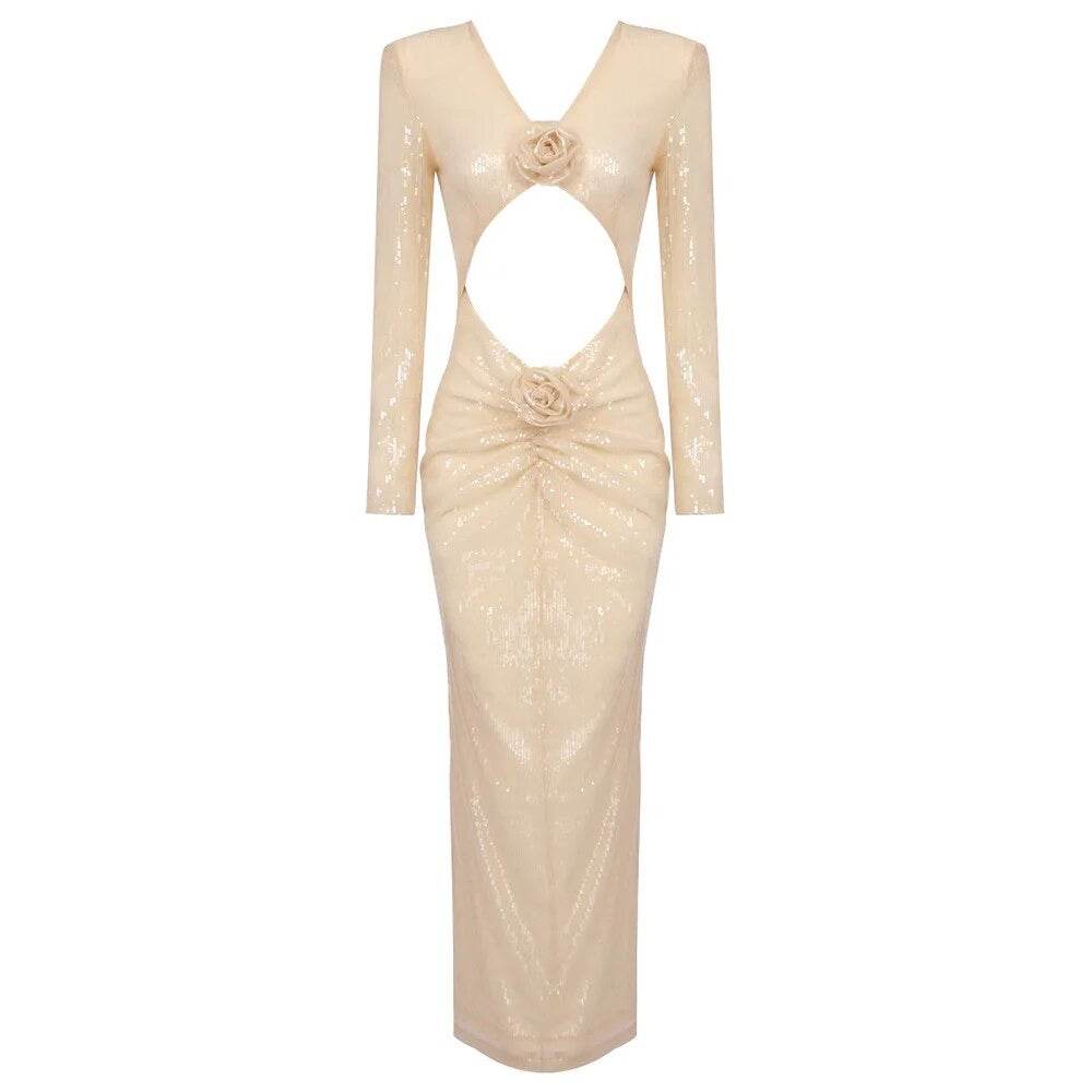 V-neck Long sleeved 3D Flower Sequin Hollow Tight Midi Dress - REBECATHELABEL