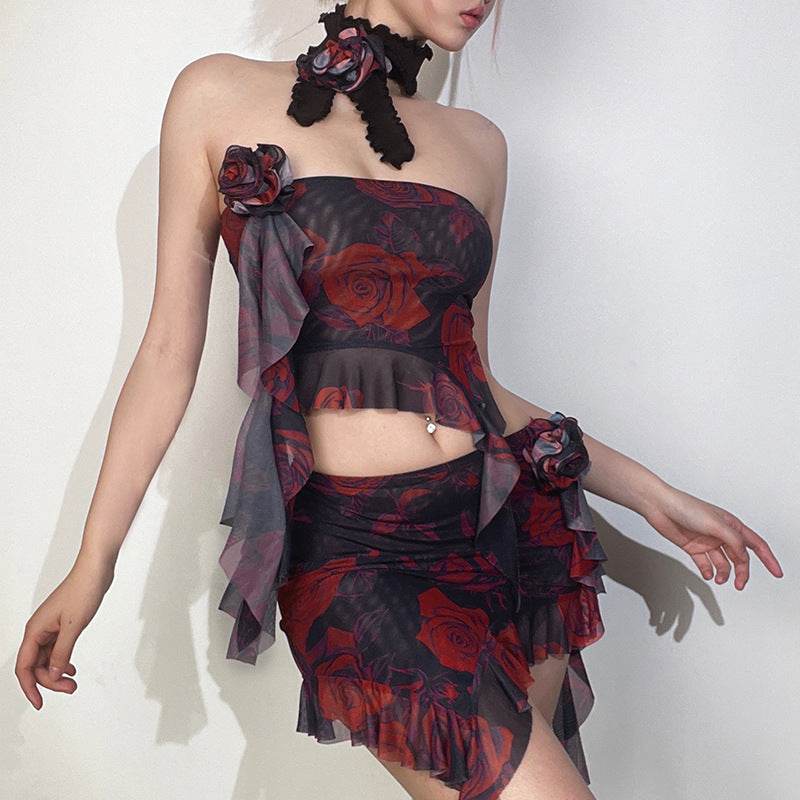 Lace up Scarf Printed Wrapped Chest Cropped Irregular Asymmetric Skirt Set - REBECATHELABEL