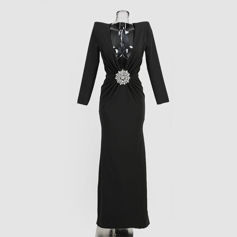 V-neck Long sleeved Diamond Black Tight Moxi Dress - REBECATHELABEL