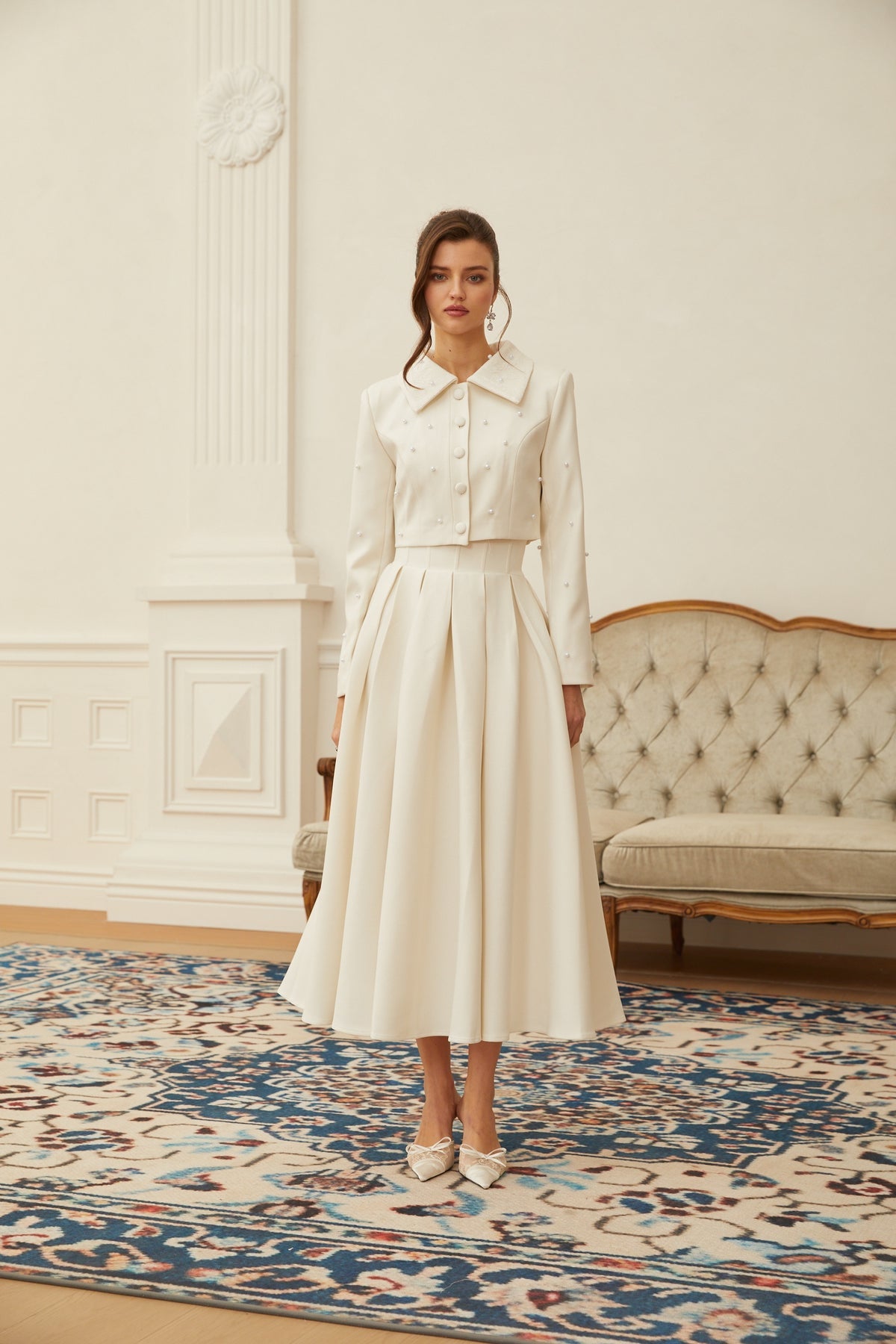 White Faux Pearl Jacket & Pleated Skirt Set