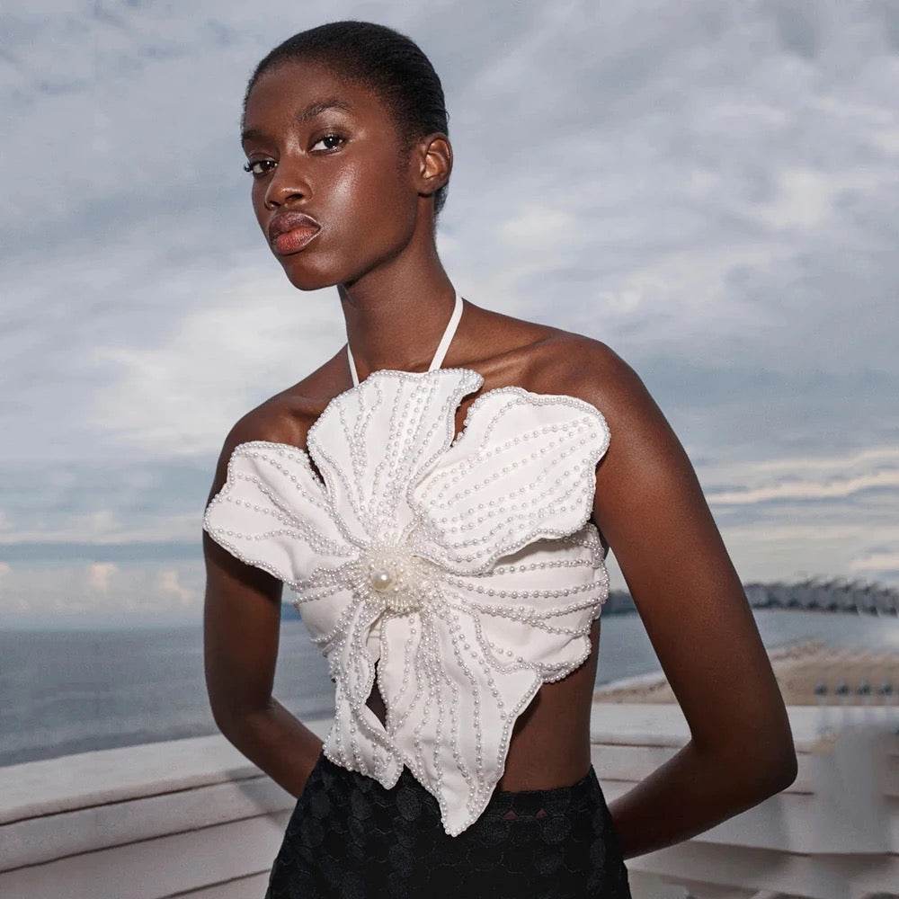 Handmade Beaded Flower Sexy Short Hanging Neck top - REBECATHELABEL