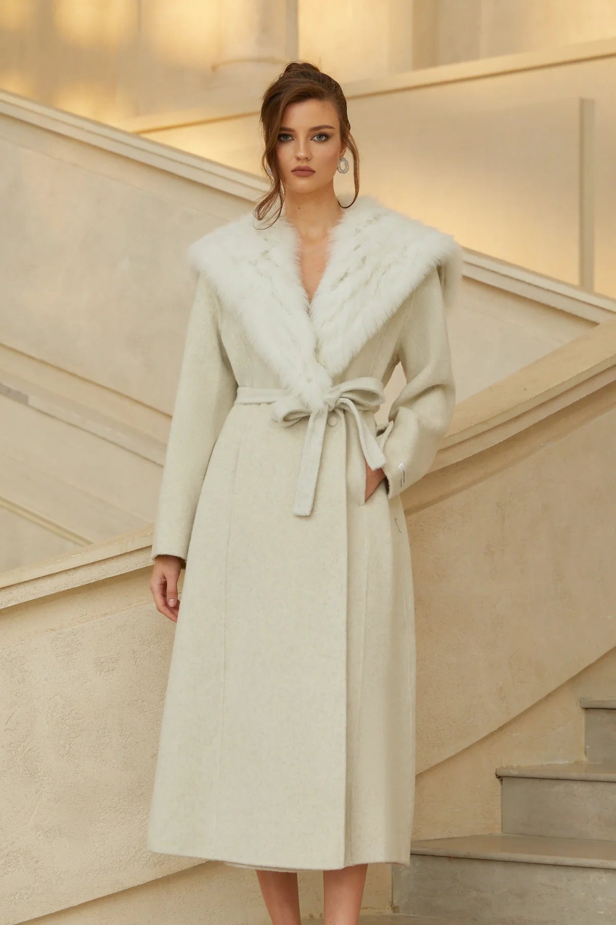 Off White Fur Lapel Long Wool Coat