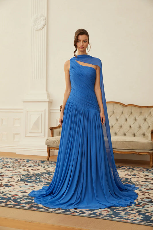 Blue Cape Design Ruched Maxi Dress