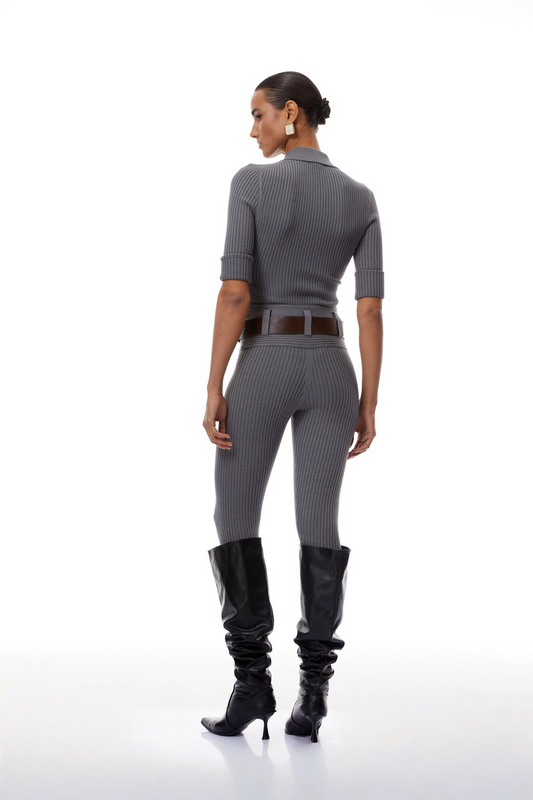 Grey Ribbed Knit Bodysuit & Trousers Set