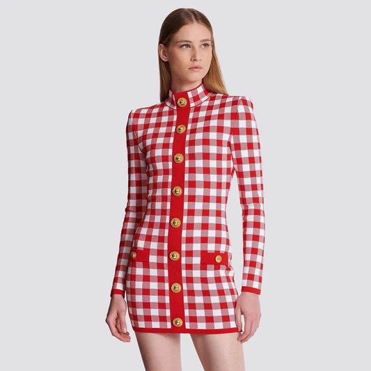Long Sleeve Button Checkered Jacquard Tight Mini - REBECATHELABEL