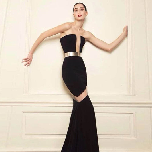 Strapless V-neck Mesh Spliced Gold Belt Long Bandage Dress - REBECATHELABEL