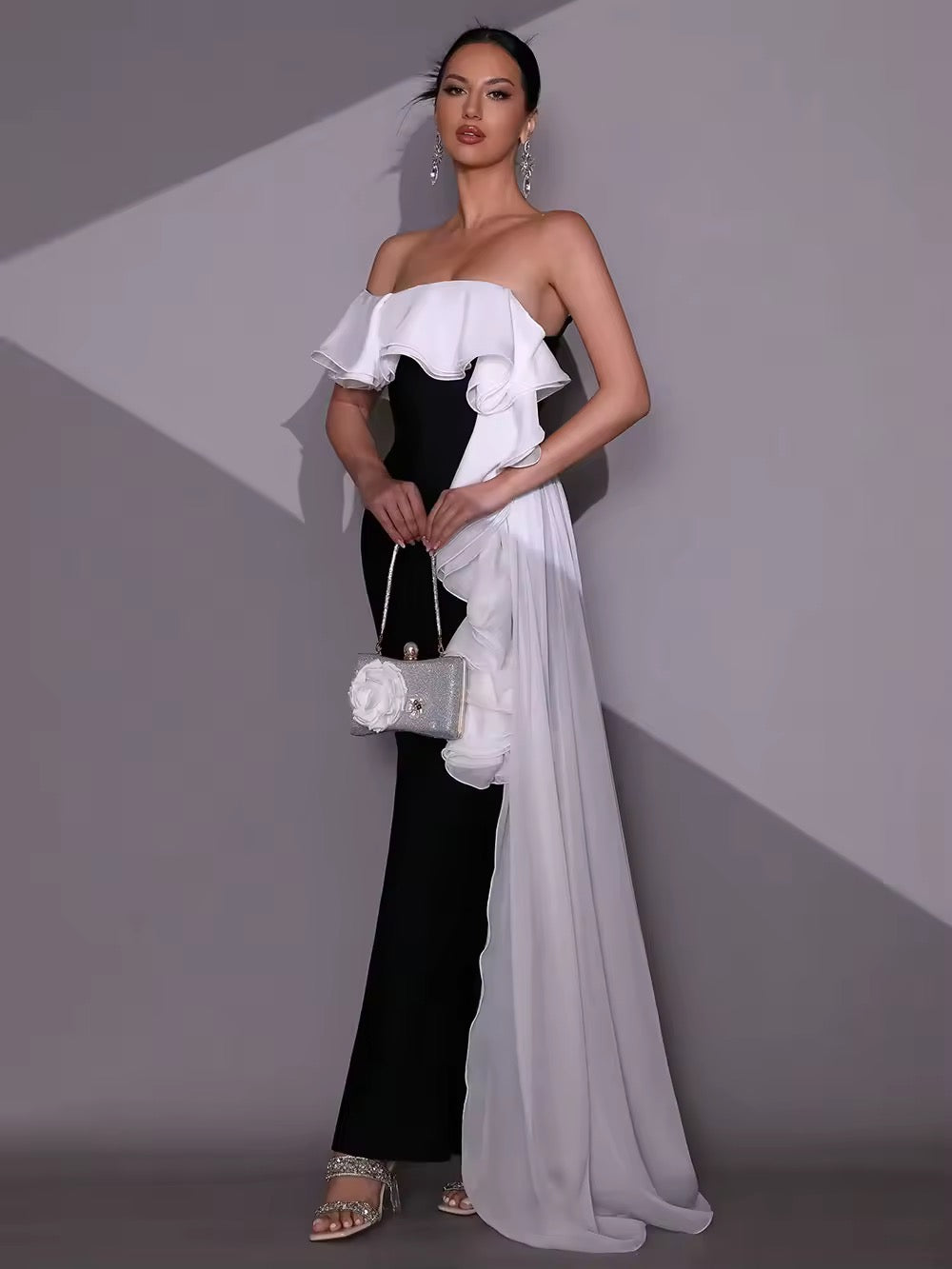 Off Shoulder Ruffle Slim Bandage Long Dress