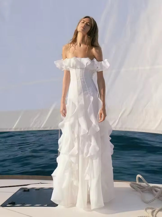 White Ruffle Edge Slash Collar Slim Fit Long French Dress