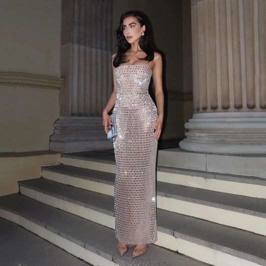 Khaki Sexy Strapless Sparkling Diamond Edge Maxi Dress - REBECATHELABEL