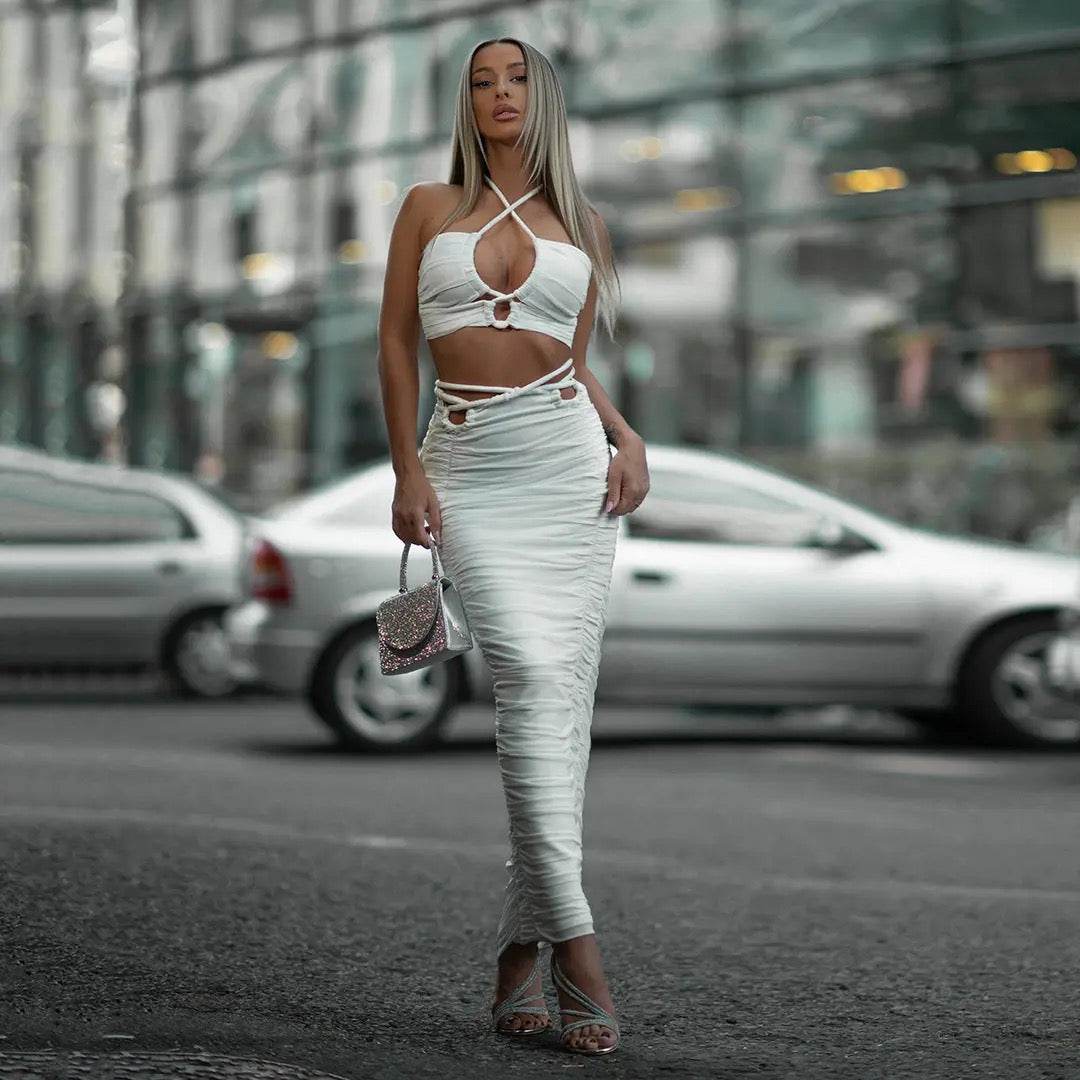 Backless Lace up V-neck Pleated Short Top Long skirt set - REBECATHELABEL