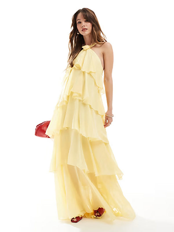 Halter Neck Flower Ruffles Loose Long Dress