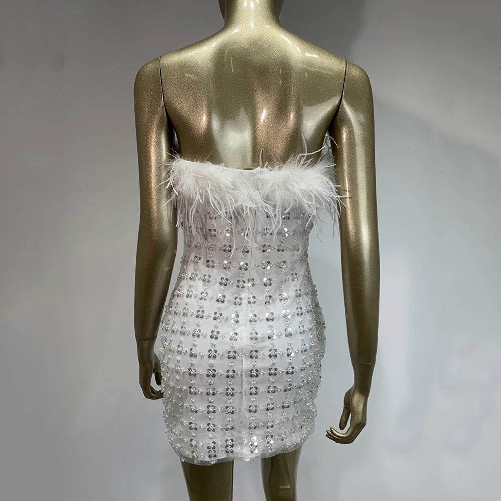 White Strapless Feather Sequins Tight Fit Mini Dress - REBECATHELABEL