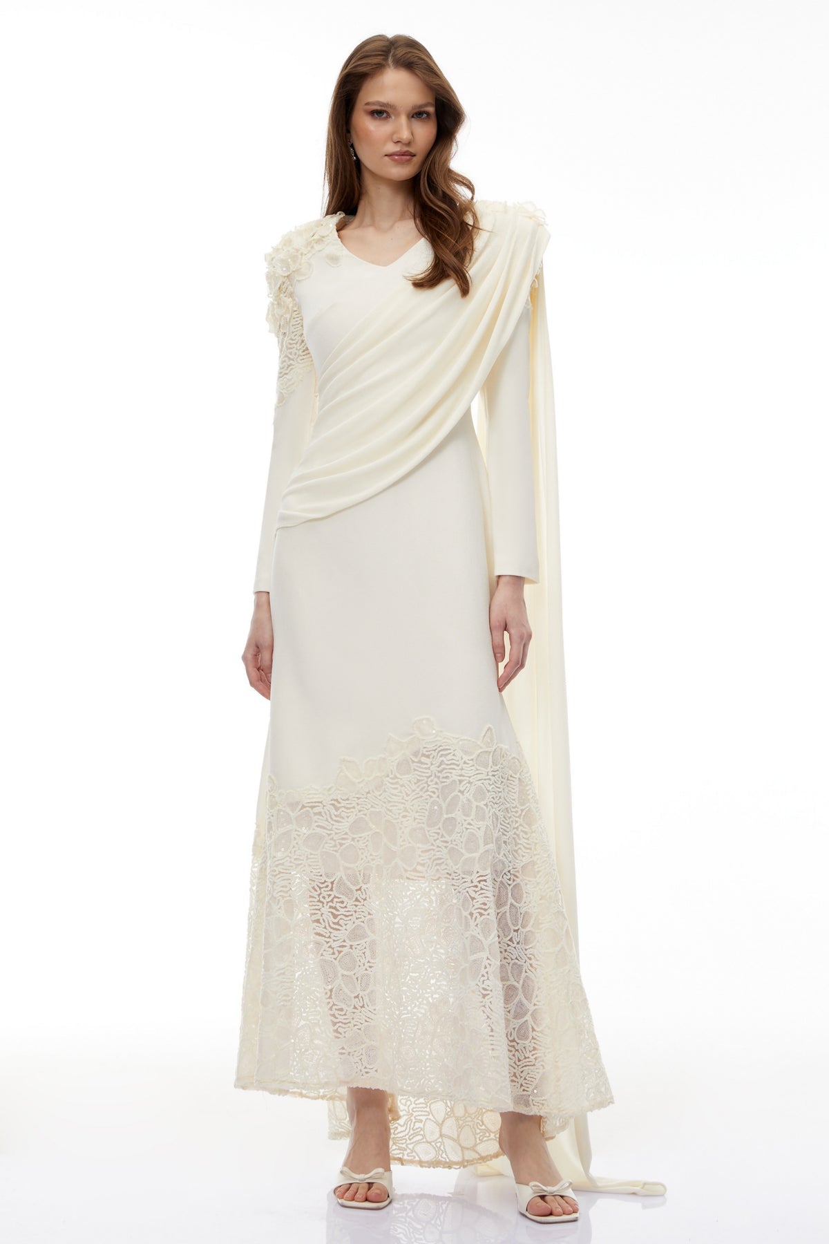 Champagne Floral Lace Maxi Dress with Ribbon Detail