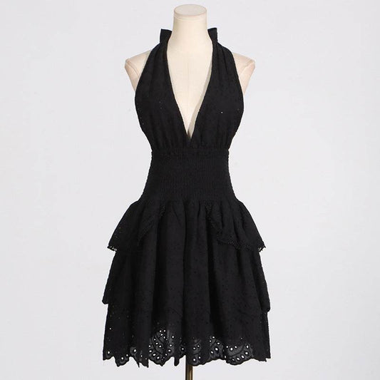 V Plunge neck Sleeveless Solid Color Stitching Halter High Waist Dress - REBECATHELABEL