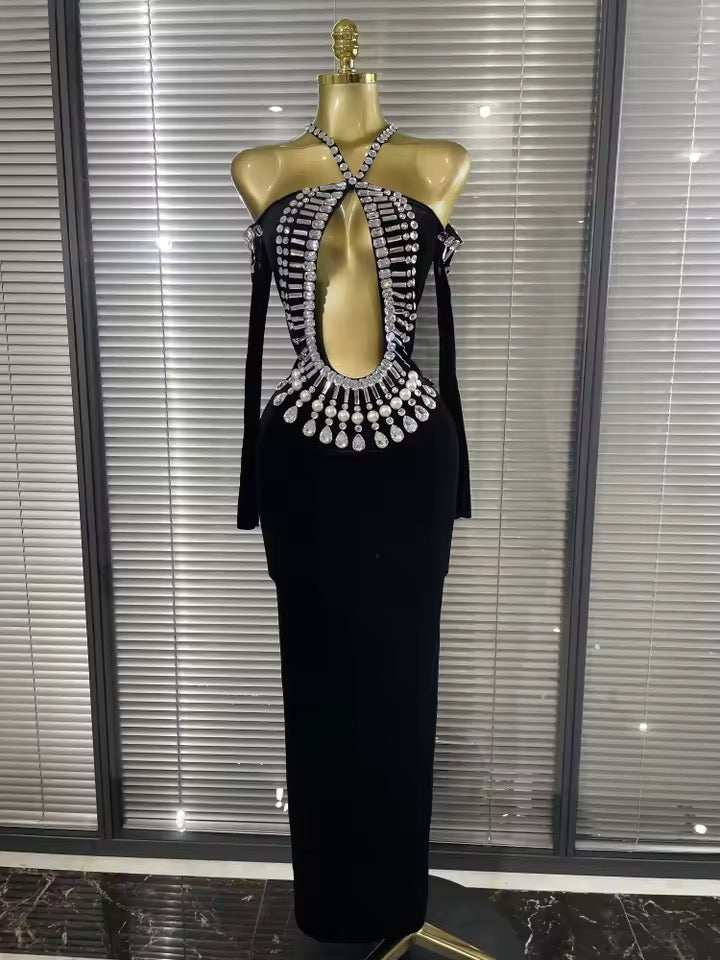 Halter Off the Shoulder Velvet Bodycon Long Gown Dress