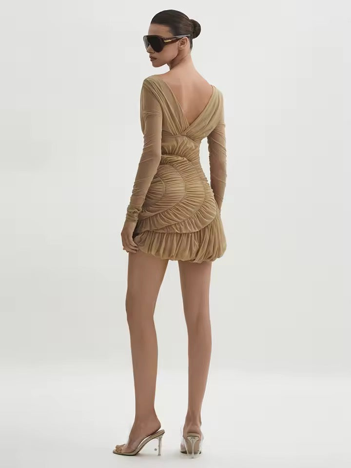 V Neck Long Sleeve Folds Design Mini Dress