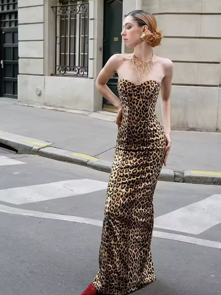 Strapless Leopard Print Split Long Dress