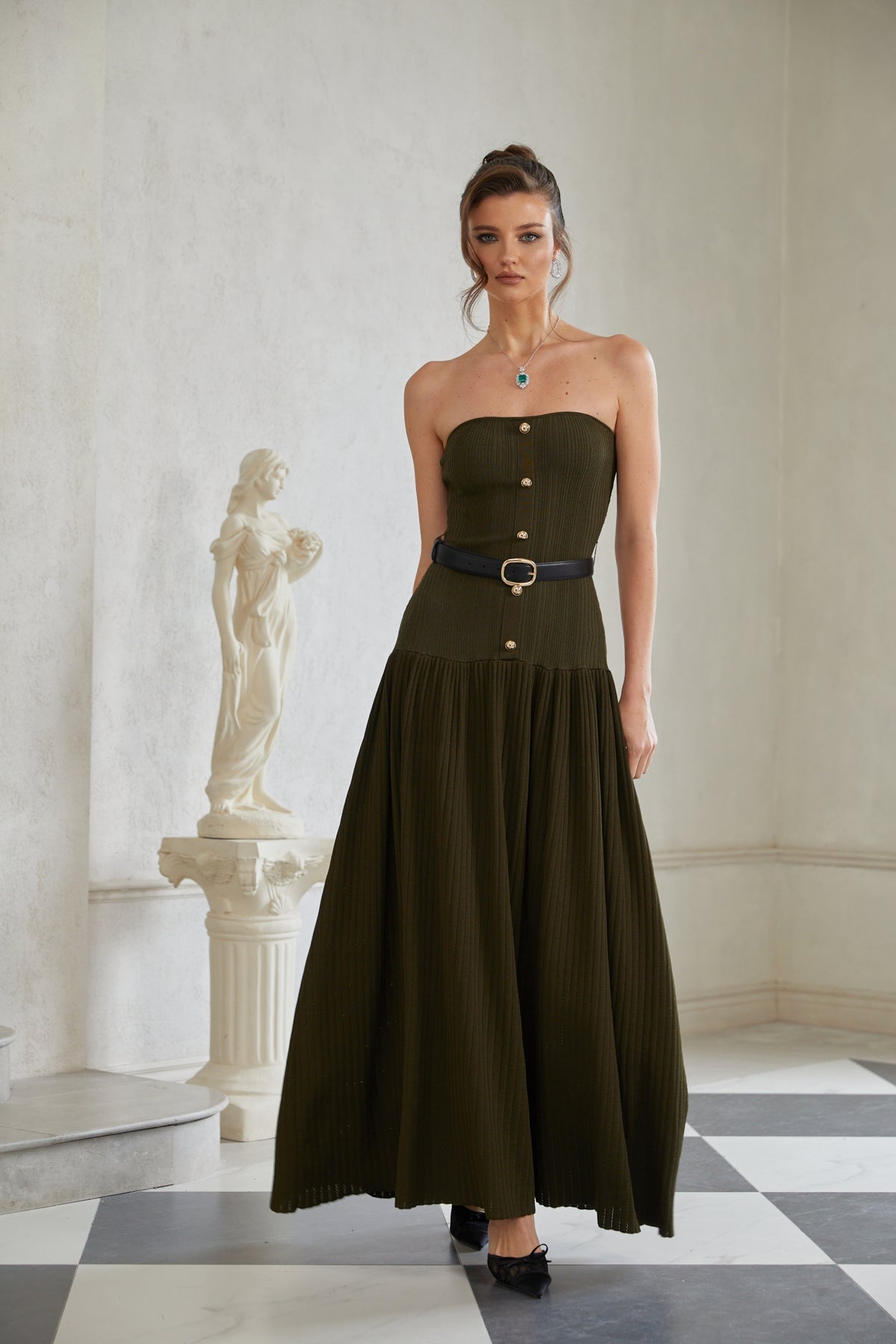 Green Off Shoulder Ribbed Knit Maxi Dress