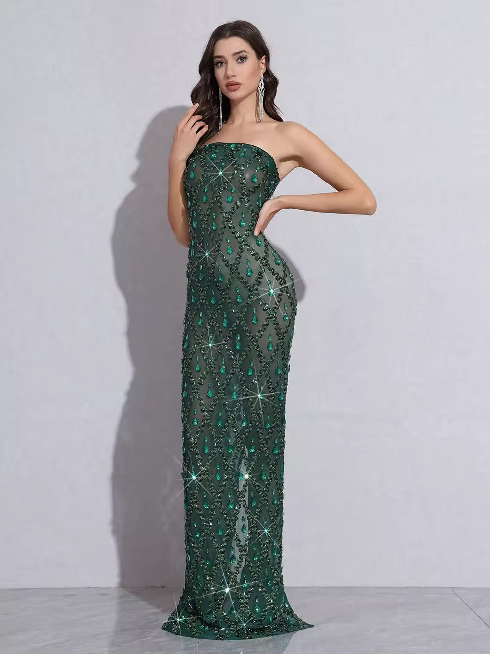 Diamond Sequin Mesh Elastic Long Dress