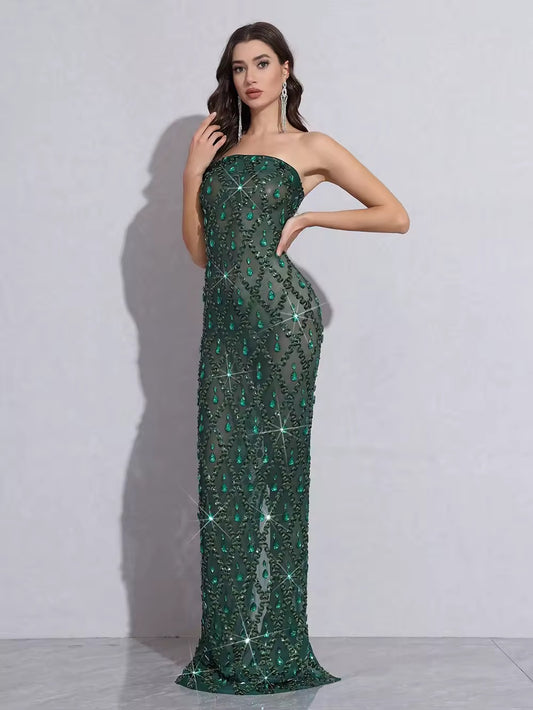 Diamond Sequin Mesh Elastic Long Dress