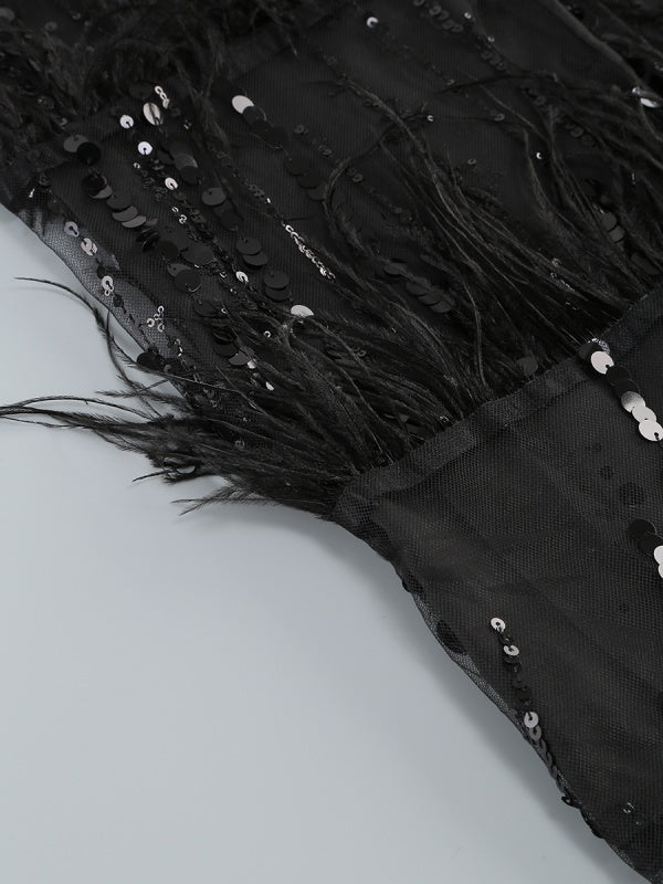 Sleeveless Feather Strapless Backless Sequin Maxi Dress