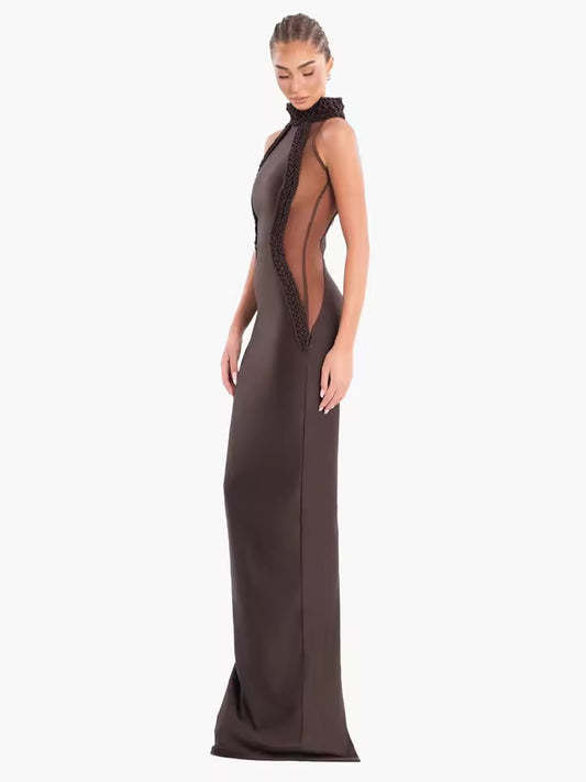 Splicing Braided Rope Design Tight Long Sexy Sleeveless Mesh Maxi Dress