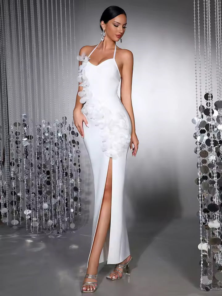 White 3D Flower Sexy Halter Off The Shoulder Bodycon Long Bandage Dress