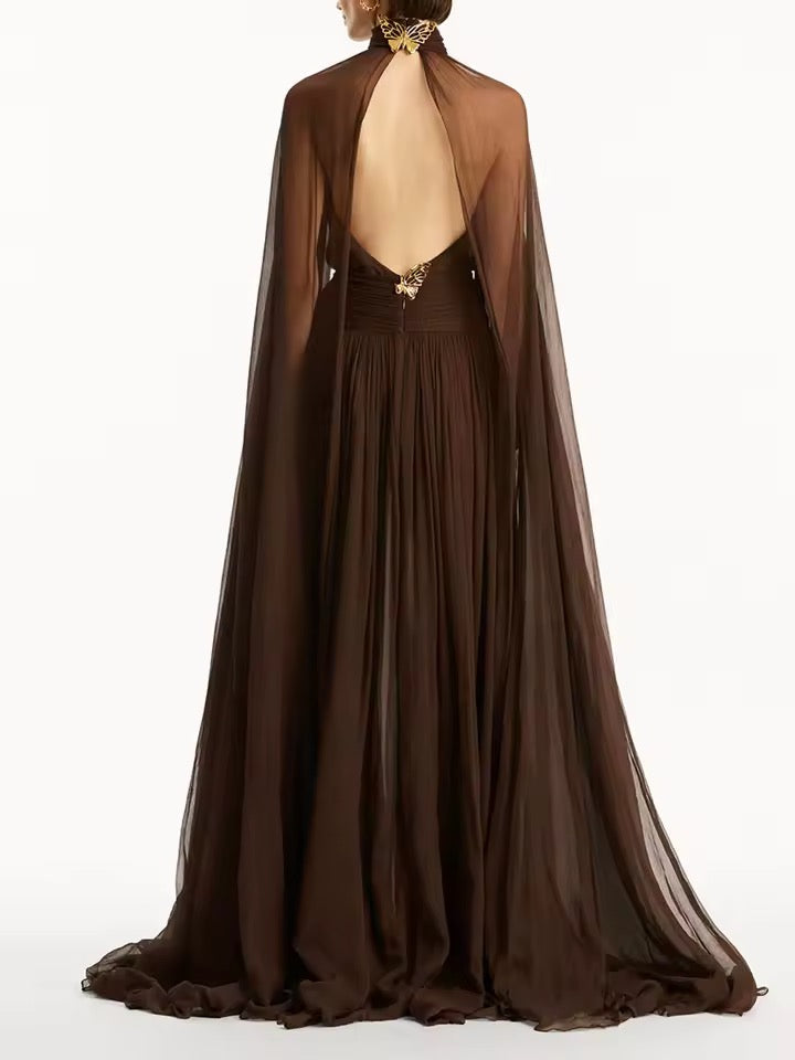 Solid Metal Butterfly Decoration Backless Chiffon Long Dress