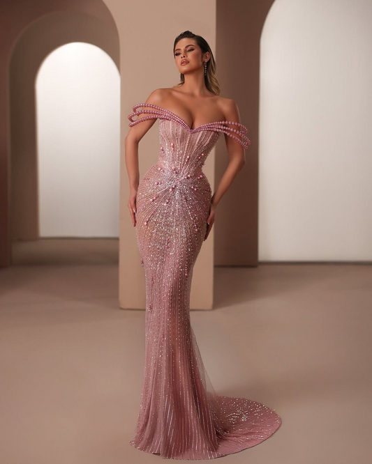 Pink Off Shoulder Formal Evening Dress