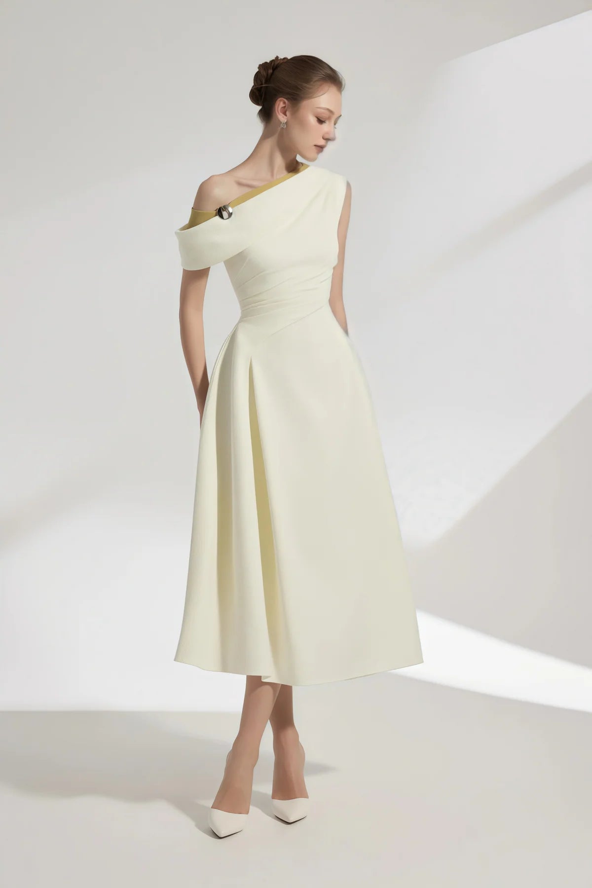 White One Shoulder Ruched Midi Dress