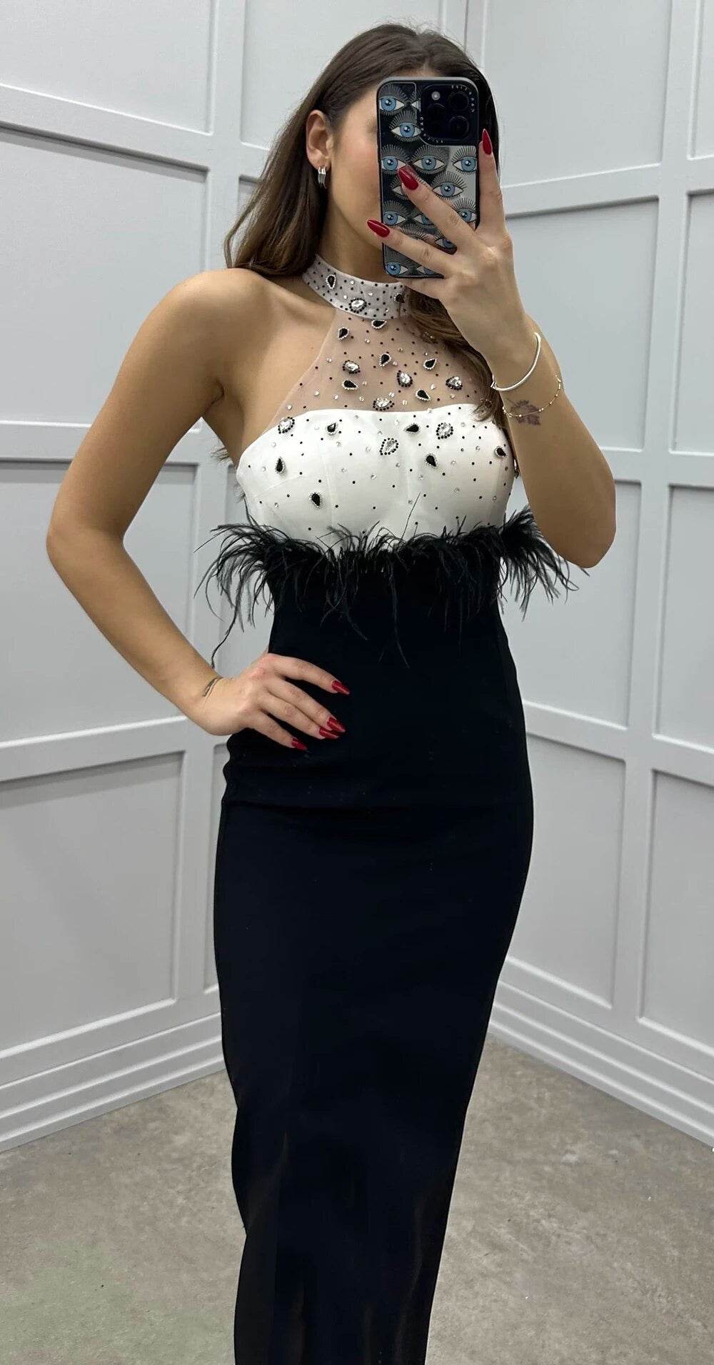 Patchwork Sexy Sleeveless Luxury Diamond Feather Tight Midi dress - REBECATHELABEL