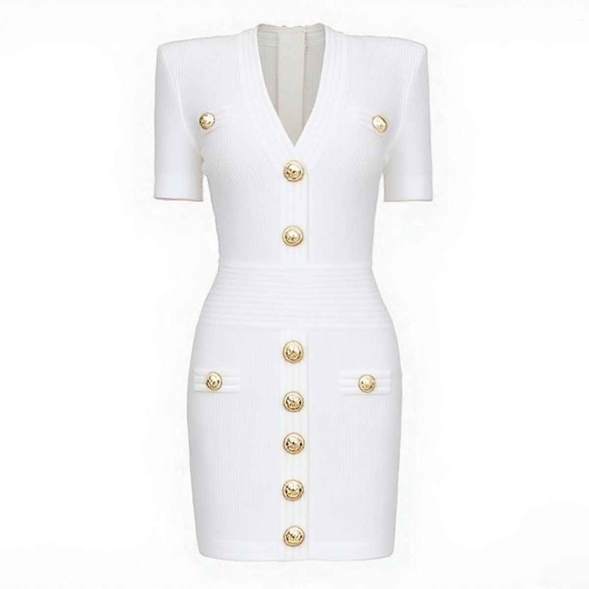 V-Neck Knitted Short Skirt With Rivet Buckle Short Sleeved dress