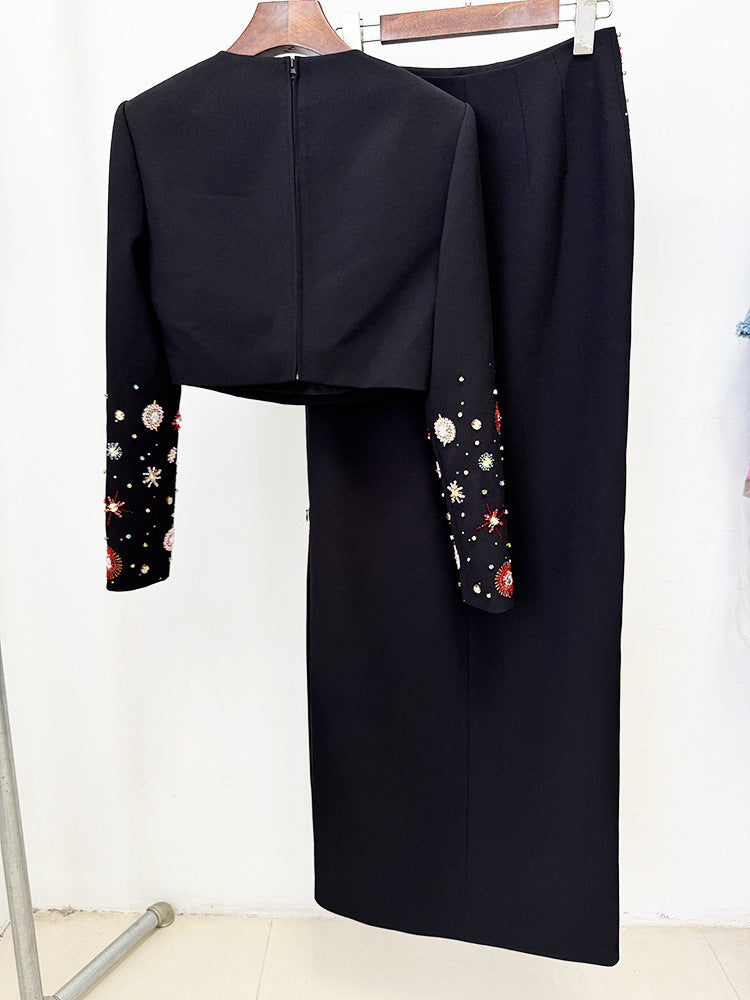 Crystal Long 2 Piece Skirts Suits Sexy Crop Tops Beading Midi Skirts Suit