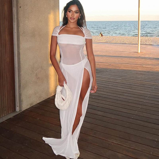 Mesh Stitching Pullover Midi Dress Slit Dress - REBECATHELABEL